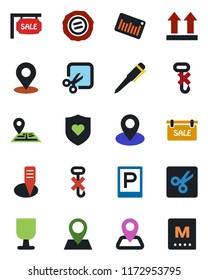 Color and black flat icon set - parking vector, pen, stamp, plant label, heart shield, navigation, pin, fragile, up side sign, no hook, barcode, cut, place tag, sale, menu