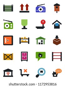 Color and black flat icon set - checkroom vector, bird house, container, fragile, warehouse storage, up side sign, no trolley, package, heavy scales, search cargo, rack, radio, archive box