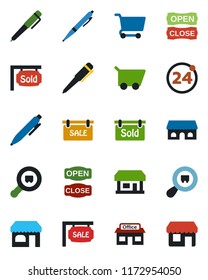 Color and black flat icon set - 24 around vector, shop, pen, store, search cargo, sale, sold signboard, cafe building, open close, cart, storefront