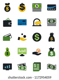 Color and black flat icon set - credit card vector, ticket office, dollar sign, money bag, statistic monitor, cash, receipt, wallet, investment