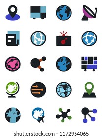 Color and black flat icon set - satellite antenna vector, bomb in case, globe, plane, earth, pin, consolidated cargo, network, share, news, social media