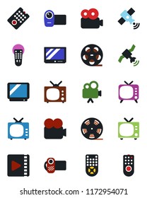 Color and black flat icon set - tv vector, reel, satellite, video camera, remote control