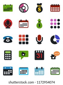Color and black flat icon set - calendar vector, circle chart, microphone, menu, calculator, phone, home message, money bag