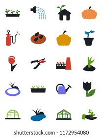 Color and black flat icon set - seedling vector, watering can, sproute, pruner, pumpkin, greenhouse, seeds, pond, garden sprayer, tulip, factory, eco house, palm