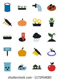 Color and black flat icon set - flower in pot vector, watering, sproute, seedling, rain, plant label, pumpkin, seeds, pond, oil barrel, house with tree, rolling pin, apple fruit