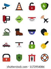 Color and black flat icon set - plane radar vector, security gate, smoking place, alarm car, border cone, boot, hose, protect, lock, key, intercome, home, surveillance, sprinkler, crisis management