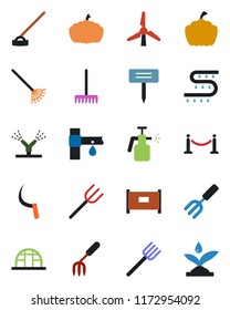 Color and black flat icon set - fence vector, garden fork, farm, rake, hoe, sickle, plant label, pumpkin, greenhouse, sprayer, drip irrigation, windmill