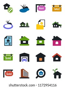Color and black flat icon set - office building vector, house, pond, with garage, tree, estate document, sale, rent, sold signboard, search, smart home, insurance, eco