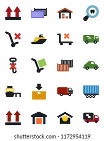 Color and black flat icon set - sea shipping vector, truck trailer, cargo container, car delivery, port, warehouse storage, up side sign, no trolley, hook, package, search, moving