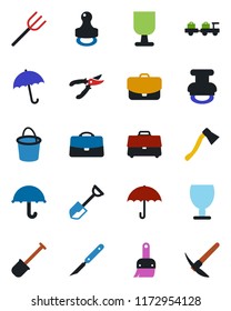 Color and black flat icon set - umbrella vector, baggage larry, shovel, farm fork, bucket, pruner, axe, scalpel, fragile, themes, case, stamp, hard work