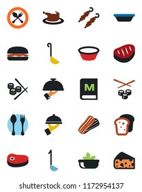 Color and black flat icon set - spoon and fork vector, menu, salad, bacon, waiter, bread, chicken, steak, kebab, hamburger, ladle, bowl, sushi, cheese
