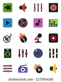 Color and black flat icon set - vinyl vector, flame disk, microphone, radio, speaker, settings, equalizer, play button, rewind, rec, tuning, record, music, sound