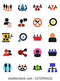 Color and black flat icon set - spoon and fork vector, speaking man, team, meeting, patient, group, user, company, hr, client search, social media, hierarchy