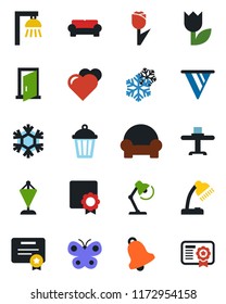 Color and black flat icon set - pennant vector, butterfly, garden light, heart, tulip, bell, sertificate, desk lamp, cushioned furniture, restaurant table, snowflake, outdoor, door, pennon