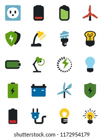 Color and black flat icon set - bulb vector, low battery, protect, charge, desk lamp, windmill, socket, power plug, energy saving, idea