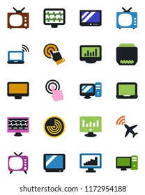 Color and black flat icon set - plane radar vector, wireless notebook, pc, statistic monitor, pulse, tv, touch screen, hdmi, statistics