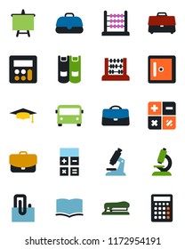 Color and black flat icon set - airport bus vector, checkroom, book, calculator, graduate, abacus, presentation board, microscope, case, paper clip, stapler