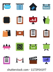 Color and black flat icon set - fence vector, flight table, presentation board, meeting, clipboard, clapboard, rooms, sold signboard, smart home, cutting, chip
