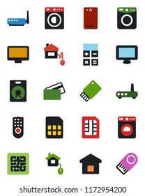 Color and black flat icon set - washer vector, calculator, monitor, speaker, phone back, sim, smart home, credit card, control, chip, remote, router, usb flash