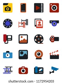 Color and black flat icon set - camera vector, clapboard, film frame, reel, video, phone back, mobile, gallery, photo, web, intercome, surveillance