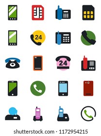 Color and black flat icon set - phone vector, office, 24 hours, cell, radio, mobile, back, call, sim, support