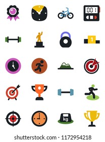 Color and black flat icon set - pedestal vector, medal, barbell, bike, run, heavy, clock, stopwatch, target, mountains, award cup