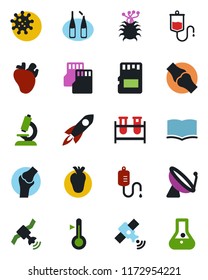 Color and black flat icon set - satellite antenna vector, book, blood test vial, dropper, microscope, ampoule, real heart, joint, virus, sd, thermometer, rocket, flask