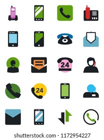 Color and black flat icon set - mobile phone vector, office, 24 hours, support, cell, radio, mail, call, data exchange