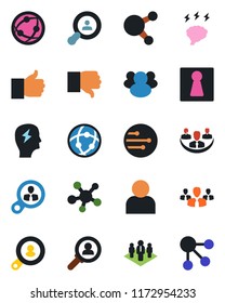 Color and black flat icon set - female vector, brainstorm, network, share, group, finger up, down, user, company, client search, consumer, social media