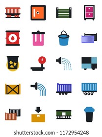 Color and black flat icon set - trash bin vector, checkroom, bucket, watering, railroad, truck trailer, cargo container, consolidated, package, oil barrel, heavy scales, archive box, water filter