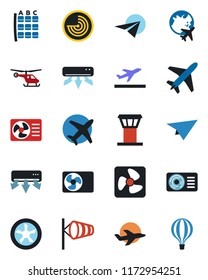 Color and black flat icon set - plane vector, airport tower, departure, wind, radar, helicopter, seat map, globe, air conditioner, fan, paper, balloon