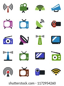 Color and black flat icon set - antenna vector, satellite, radio, loudspeaker, tv, video camera, wireless
