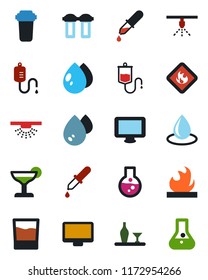 Color and black flat icon set - water drop vector, dropper, flammable, monitor, alcohol, drink, cocktail, filter, sprinkler, flask