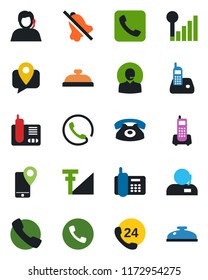 Color and black flat icon set - phone vector, office, 24 hours, support, mobile tracking, radio, call, mute, cellular signal, reception