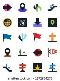 Color and black flat icon set - escalator vector, right arrow, left, wind, radar, route, signpost, pin, download, place tag, compass, flag, guidepost