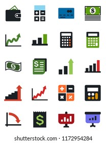 Color and black flat icon set - credit card vector, growth statistic, calculator, crisis graph, receipt, bar, wallet, cash, presentation