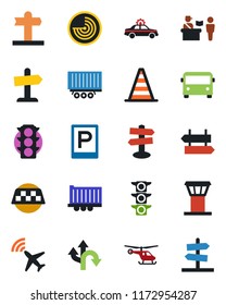 Color and black flat icon set - airport tower vector, plane radar, taxi, bus, parking, passport control, signpost, alarm car, border cone, helicopter, route, traffic light, truck trailer, guidepost