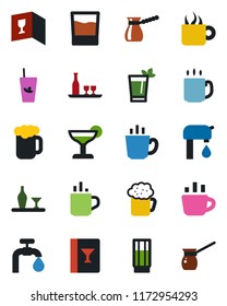 Color and black flat icon set - hot cup vector, coffee, water supply, alcohol, wine card, drink, cocktail, phyto bar, beer, turkish