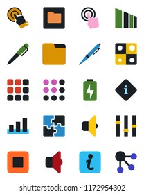 Color and black flat icon set - sorting vector, settings, touch screen, stop button, menu, folder, charge, application, pen, sound, information, social media