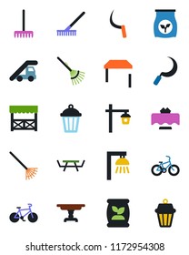 Color and black flat icon set - ladder car vector, rake, sickle, garden light, picnic table, fertilizer, bike, restaurant, alcove, outdoor lamp