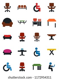 Color and black flat icon set - waiting area vector, disabled, office chair, desk, picnic table, cushioned furniture, restaurant, man with notebook