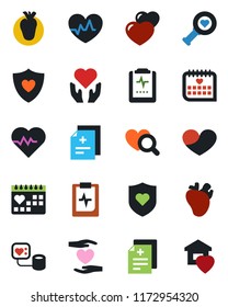 Color and black flat icon set - heart pulse vector, diagnosis, blood pressure, diagnostic, shield, hand, real, medical calendar, clipboard, sweet home