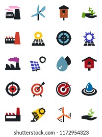 Color and black flat icon set - factory vector, bird house, target, sun panel, windmill, water, palm sproute