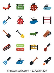 Color and black flat icon set - job vector, garden fork, shovel, lady bug, caterpillar, pond, rack, rent, bacon, open close, rocket