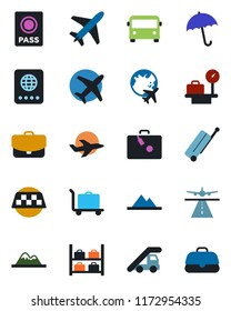 Color and black flat icon set - plane vector, runway, taxi, suitcase, baggage trolley, airport bus, umbrella, passport, ladder car, luggage storage, scales, globe, mountains, case