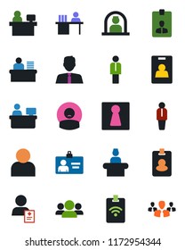 Color and black flat icon set - female vector, reception, manager, identity card, place, patient, user, desk, estate agent, pass, group
