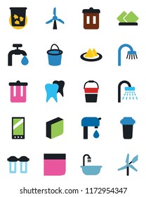 Color and black flat icon set - trash bin vector, shower, bucket, tooth, mobile, blank box, water supply, bathroom, serviette, filter, windmill