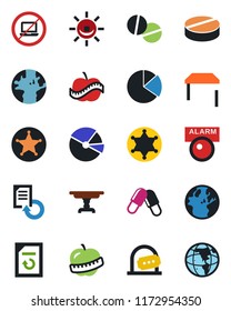Color and black flat icon set - no laptop vector, ticket office, document reload, pills, diet, earth, pie graph, table, police, alarm led