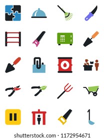 Color and black flat icon set - passport control vector, security gate, safe, trowel, farm fork, rake, wheelbarrow, pruner, saw, garden knife, oil barrel, rack, pause button, application, paper clip