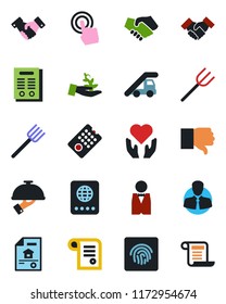 Color and black flat icon set - passport vector, ladder car, handshake, farm fork, heart hand, client, touch screen, finger down, fingerprint id, contract, estate document, waiter, remote control